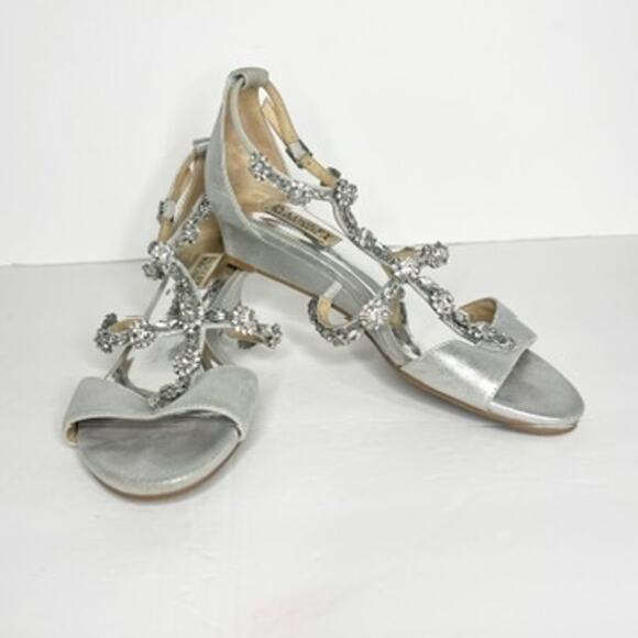 BADGLEY MISCHKA Terry II Wedge Sandals Rhinestone Embellished Silver Womens US 7 - Picture 14 of 15